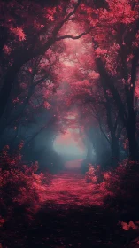 Forest Path with Red Luminescent Foliage