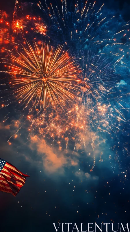 Fireworks bursting over night sky with US flag below.