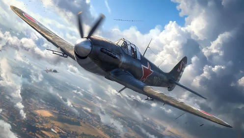 Single propeller fighter aircraft traverses cloud-layered sky