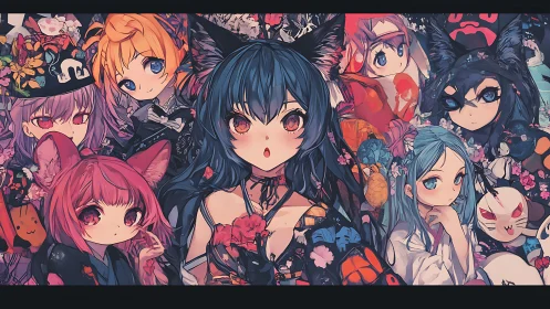 Anime ensemble portrait with florals and fox-spirit framing.