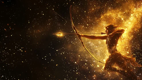 Mythic archer ignites cosmic nebula with radiant arrow.