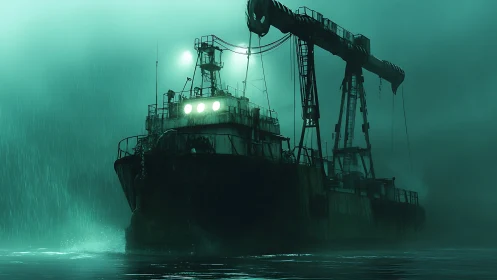 Rusting offshore drilling ship in moody green foggy rain.