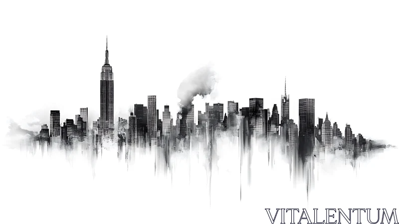 Monochrome city skyline ink wash with vertical drips.