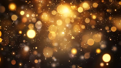 Golden bokeh particle field on dark blurred background.