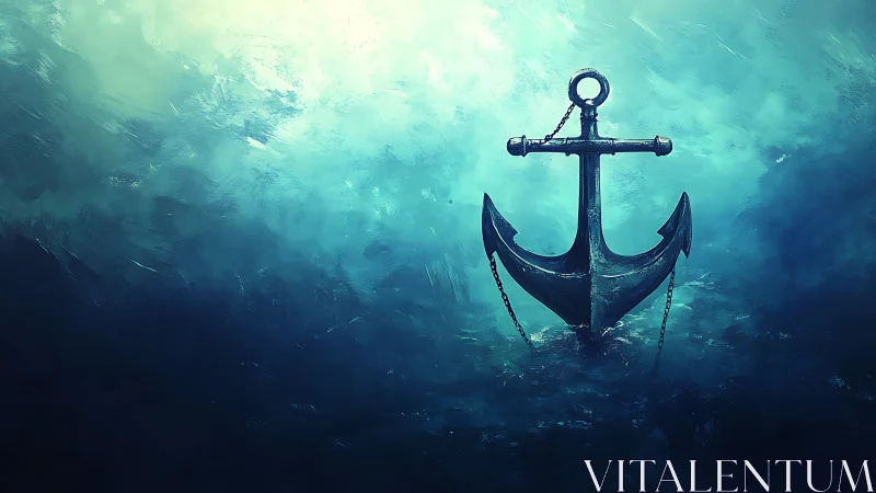 Submerged maritime anchor in turbulent cyan oceanic field.