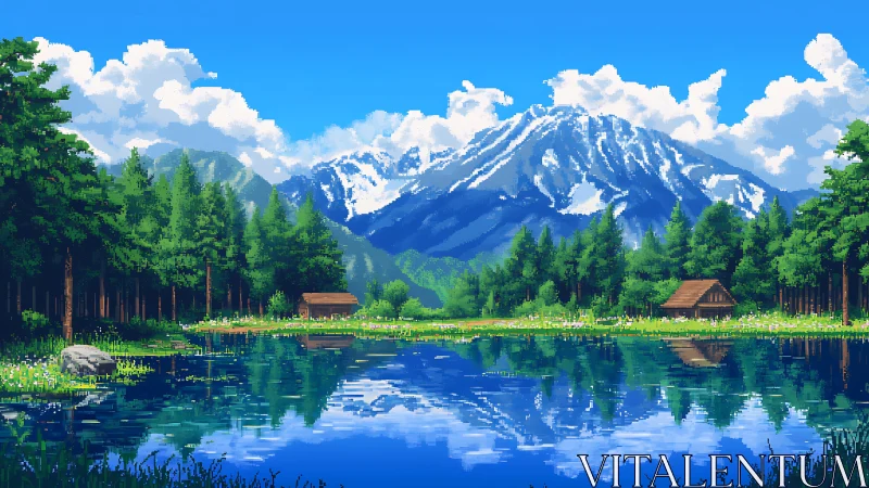 Pixel landscape shows lake, forest cabins and snowy mountain