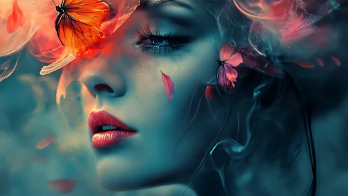 Chromatic portrait of veiled woman with bioluminescent butterflies.