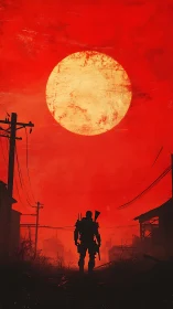 Silhouetted armed figure walks under oversized textured sun