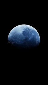 Luminous blue moon rises from deep cosmic darkness.