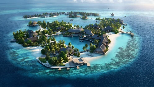Tropical Island Resort Archipelago with Overwater Bungalows and Lagoon.