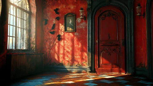 Sunlit red hallway interior shows worn door and peeling walls