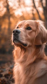 Golden retriever portrait in warm autumn forest light.