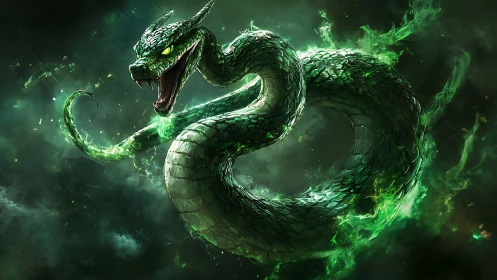 Venomous emerald serpent erupts from stormlit green vortex