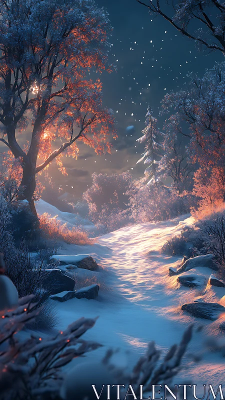 Snowlit forest path glows under warm sunrise light