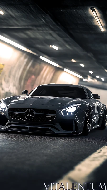 Low-angle tunnel shot of glossy grey performance coupé.