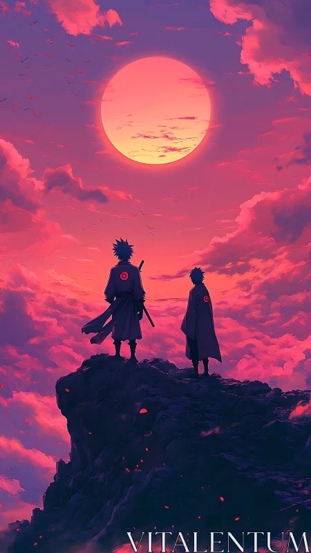 Twin cloaked silhouettes on cliff beneath oversized sunset