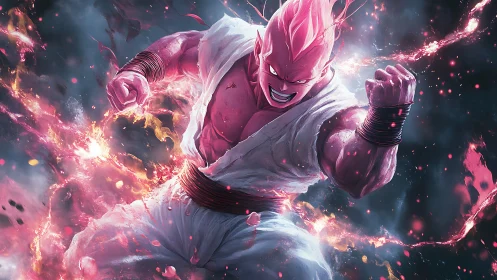 Pink humanoid fighter generates luminous energy discharge