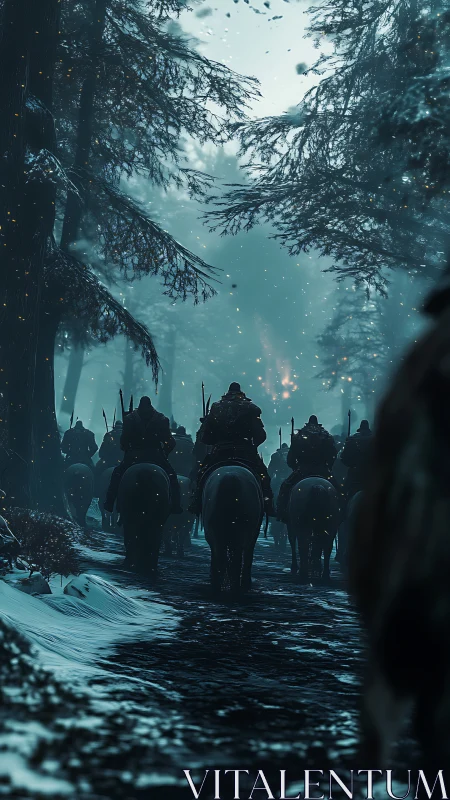 Medieval cavalry column in winter conifer forest, rear view