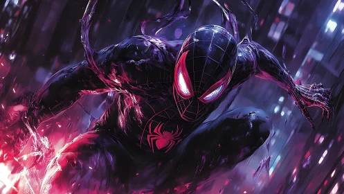 Masked superhero crouches amid neon city energy surge