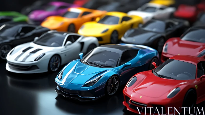High-gloss supercar lineup rendered in hyperreal studio light