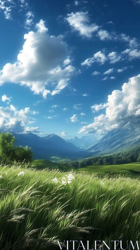 Digital rendering shows grassy valley with mountains under sky