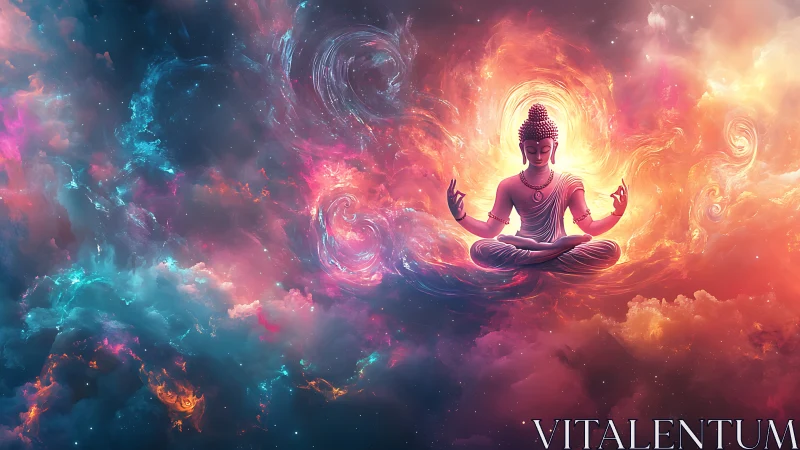 Radiant meditating Buddha suspended in nebular chromatic vortex