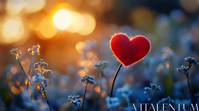 Red heart-shaped flower stands among frost-covered blue wildflowers at golden hour