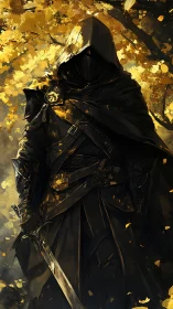 Hooded swordbearer stands in golden forest under fractured light