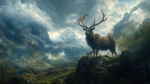 Majestic stag overlooking misty alpine valley at dawn.