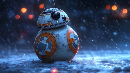 Spherical droid stands in snowy nightscape under falling snow