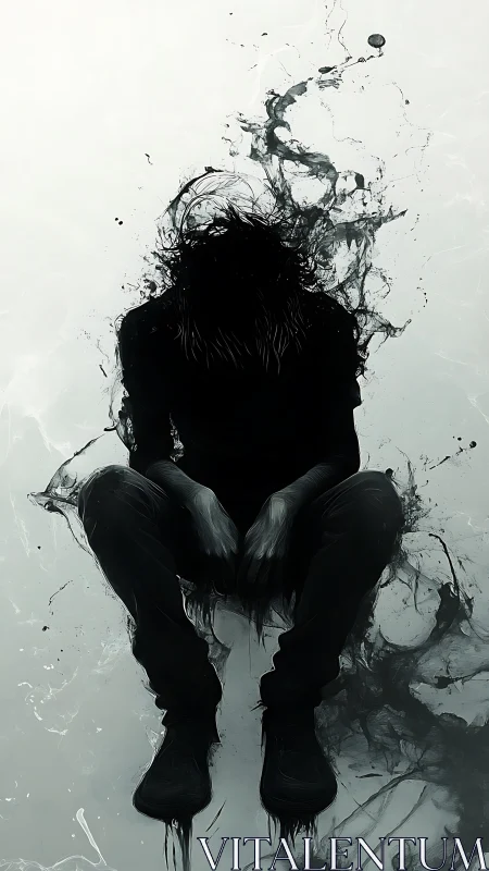 Solitary seated silhouette dissolving into dark fluid.