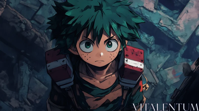 Green haired anime boy standing amid damaged rubble scene.