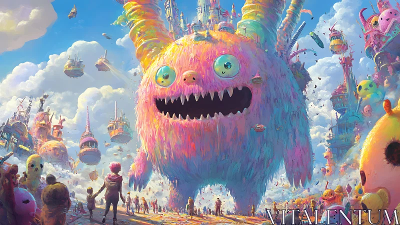 Chromatic megafauna amid stratified floating cityscape ecology.