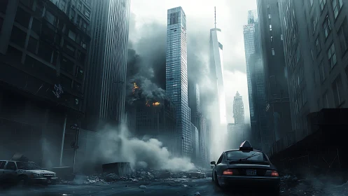 Urban highrise avenue with smoke, debris and damaged taxis.