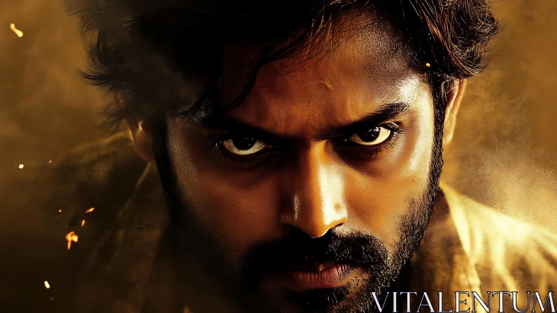 Furnace lit eyes carve through smoke in a molten close‑up stare