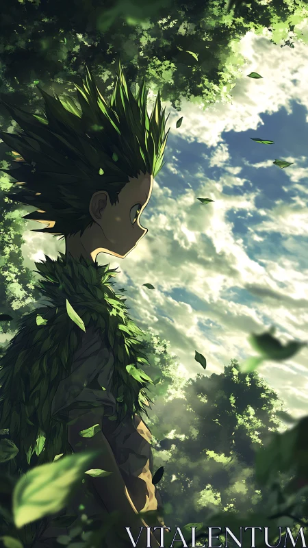 Leaf-clad anime figure stands in forest canopy light study