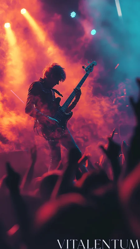 Electric bass hero glowing in neon concert haze.
