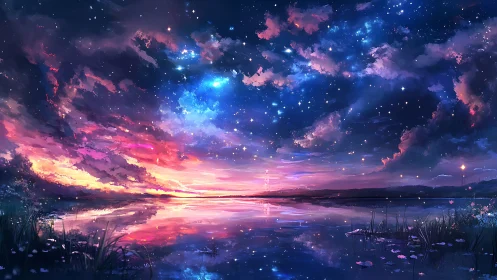 Starlit twilight sky over reflective lake in vivid color.