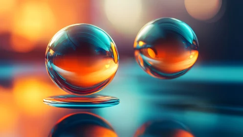 Translucent glass spheres over reflective surface, blurred bokeh.