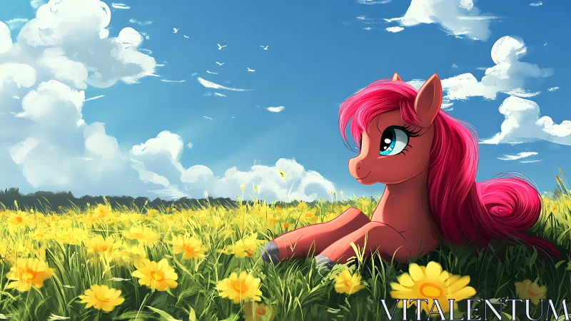 Cartoon pony resting in sunny yellow flower meadow field.