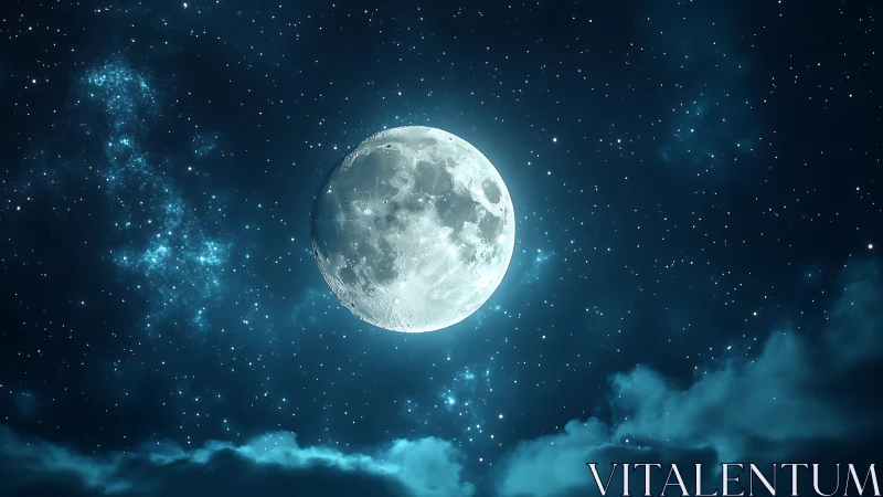 Full moon over starfield sky with glowing blue clouds.