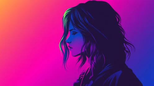 Profile silhouette of woman on gradient neon backdrop.