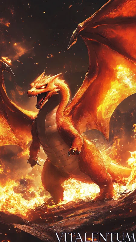 Inferno-winged dragon roaring over molten ember plains.