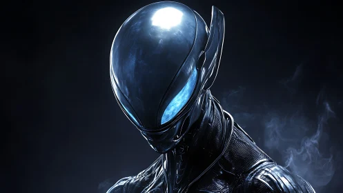 Chrome alien android portrait shows reflective helmeted head