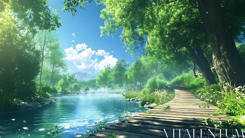 Sunlit riverside path inviting a slow, peaceful wander.