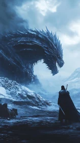 Lone warrior confronting massive ice dragon in snowstorm.