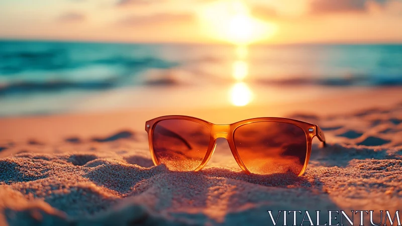 Sunlit sunglasses bask in molten shoreline sunset glow.