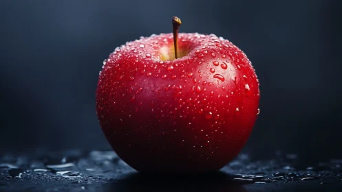 Crimson dew kissed apple posing like a glossy planet.