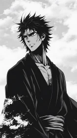 Stoic anime swordsman rendered in high-contrast monochrome ink