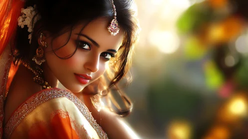 Sunlit saree enchantress with jewel-bright, story-told eyes.